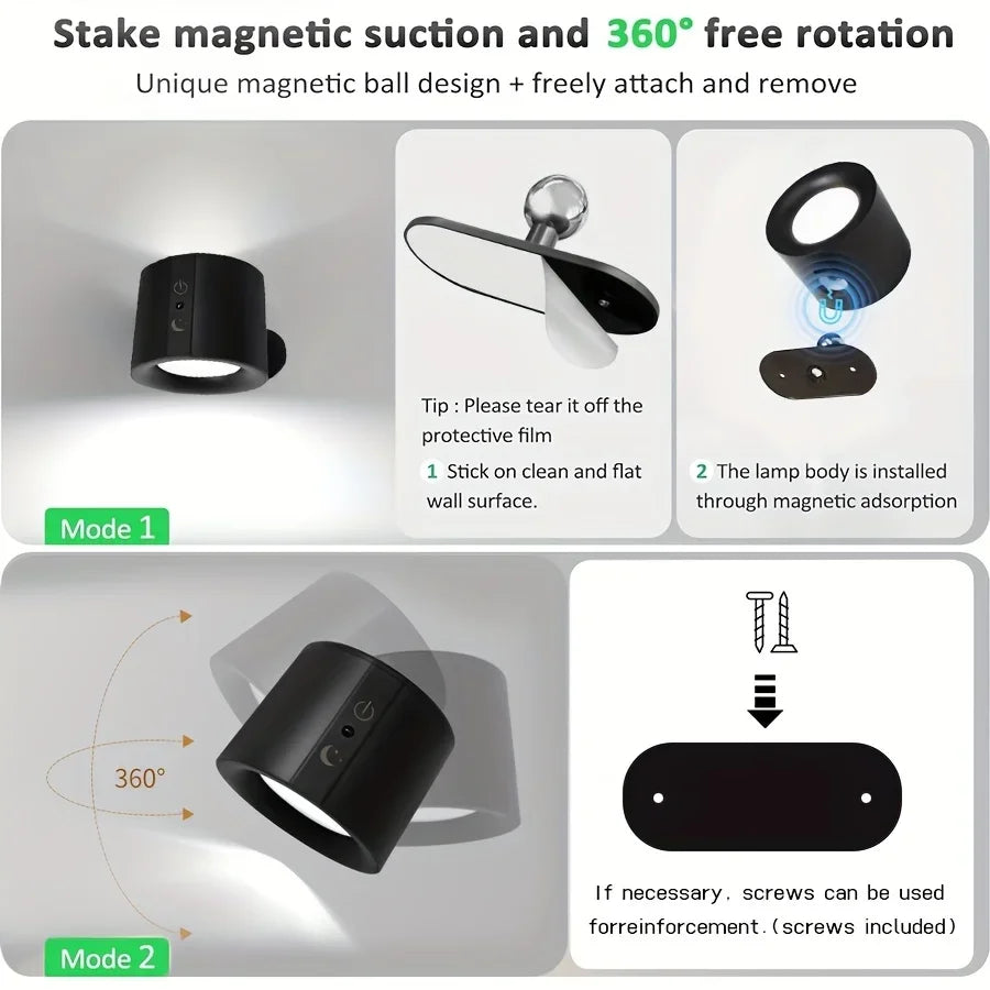 Lampe Murale LED Magnétique LumiAura™ – Sans Fil & Rotation 360°